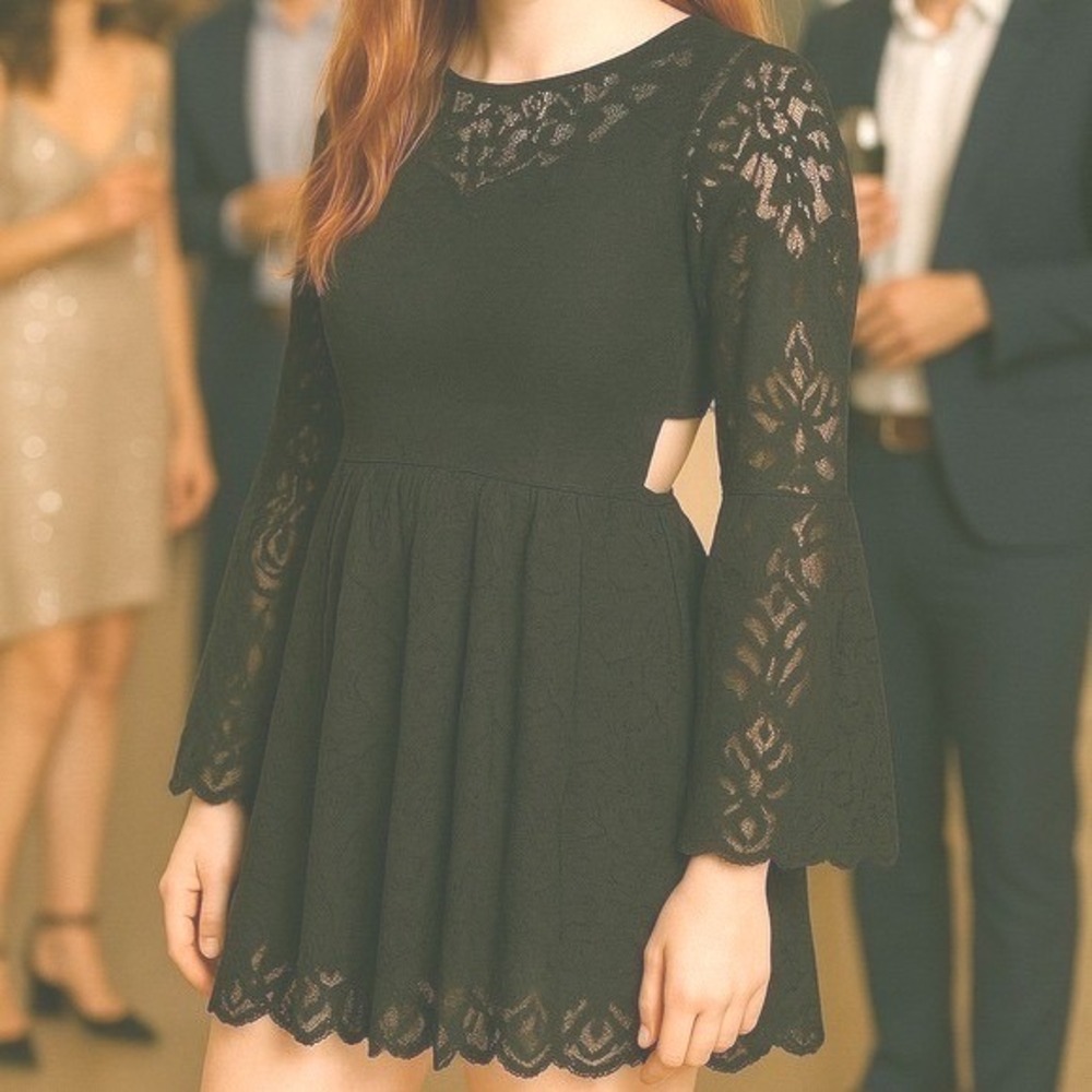Free People Whimsigoth Black Lace Bell Sleeve Fit Flare‎ Mini Party Dress Size 4